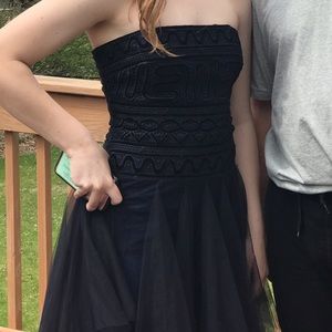 bcbg strapless embroidered lace gown